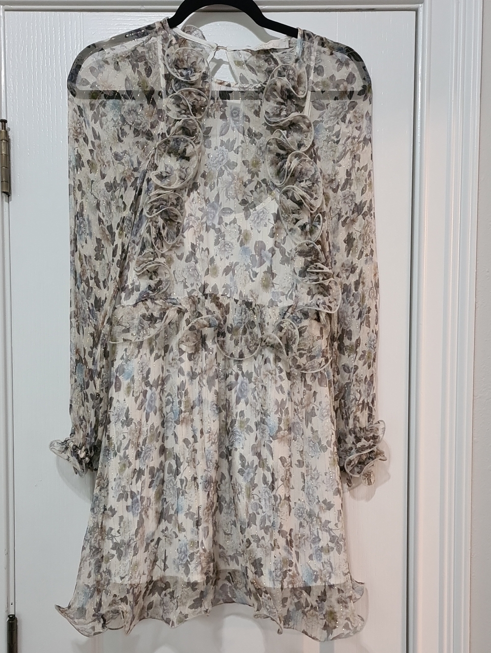La Maison Talulah - 100% Silk Sheer Floral Ruffle Long-Sleeve Dress